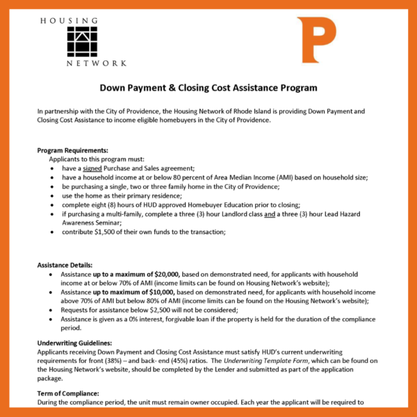 Down Payment & Closing Cost Assistance Program Housing Network RI